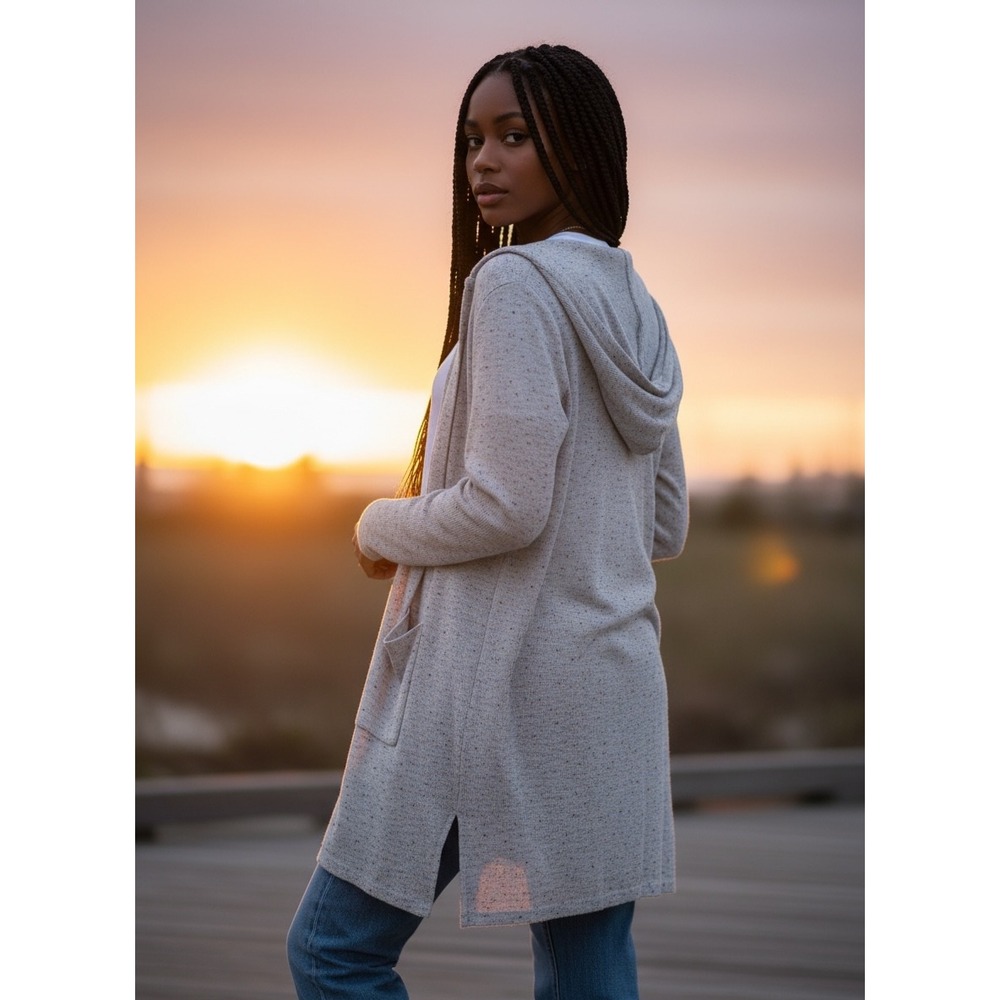 J. Jill Cardigan Wearever L Heather Gray Hood Rib Knit Pockets Long Line Duster
